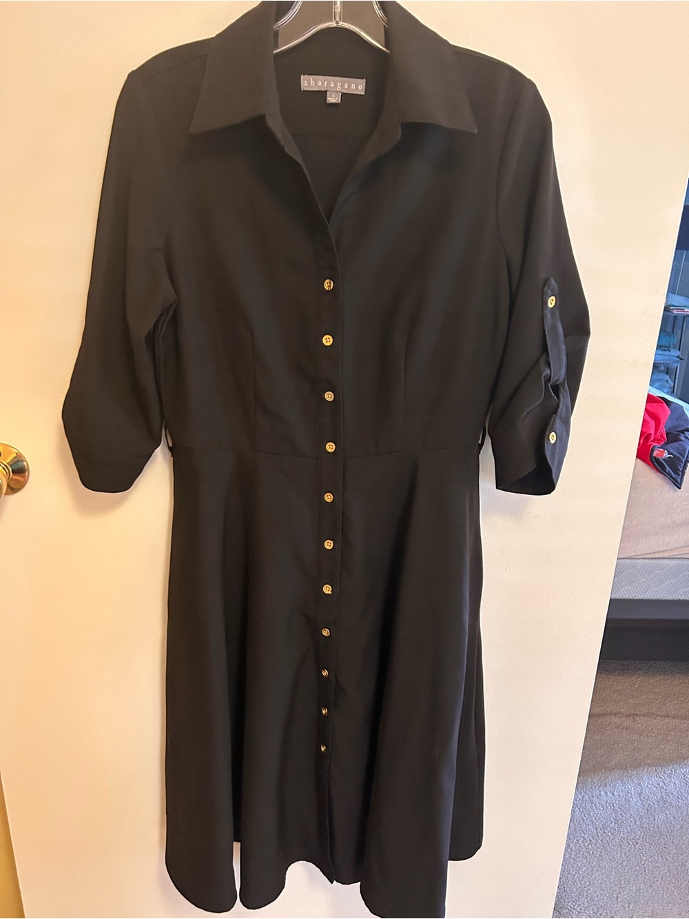 Sharagano Black Button-Front Shirt Dress with Gold Buttons